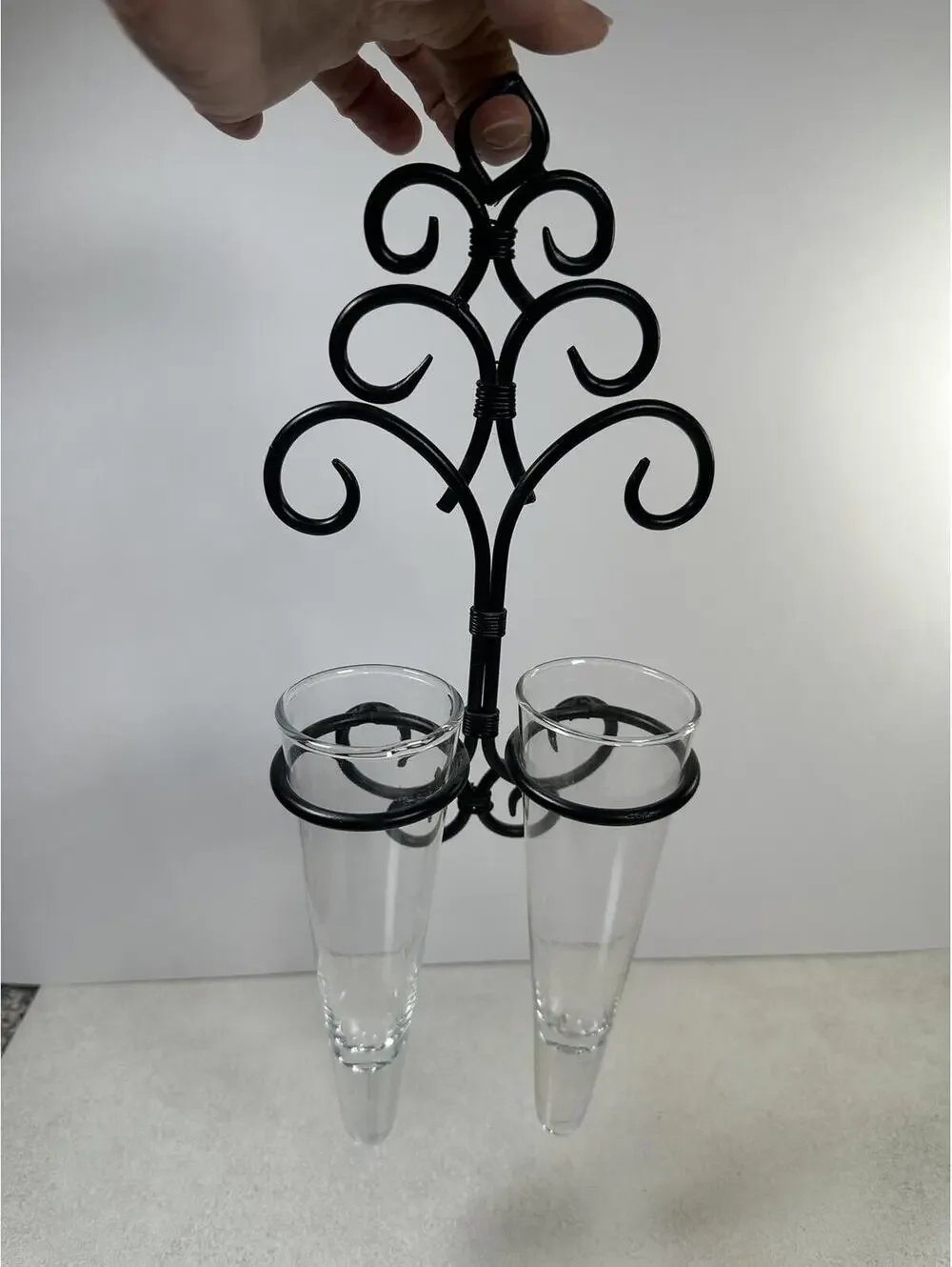 Black Wrought Iron Wall-Mounted Sconces Two Conical Glass Vases Farm Cottagecore
